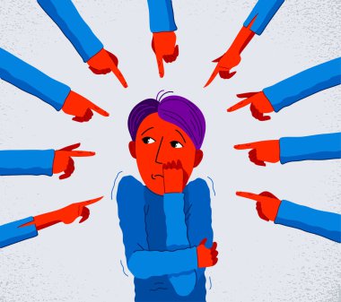 Utanç verici ve suçlayıcı vektör konsepti, el ile genç adamı işaret etmek rahatsız ve korkmuş, sosyal gruplarda acımasız ve hoşgörüsüz davranış ayrımcılığı sorunu.