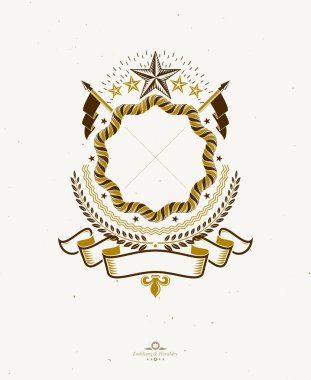 Antik yıldız, defne çelengi ve kurdele kullanılarak oluşturulmuş grafik amblemi. Heraldik vektör tasarım elementi. Retro biçim etiketi, heraldry logosu. 