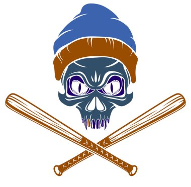 Suç dövme, çete amblemi ya da agresif kafatası beyzbol sopası tasarım öğeleri, vektör, haydut getto vintage tarzı, gangster Anarşi veya mafya tema ile logo.