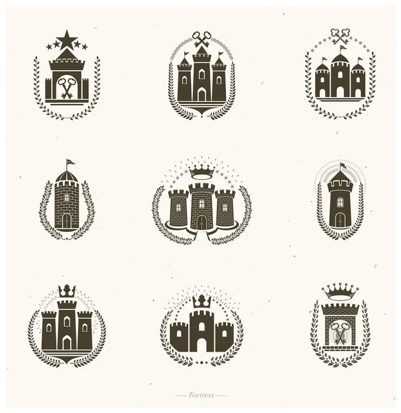 Набір Стародавніх Фортець Геральдичний Герб Збірка Вінтажних Векторних Логотипів — стоковий вектор