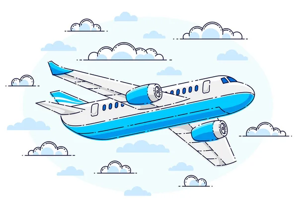 白い背景に隔離された雲に囲まれた空を飛ぶ飛行機の旅客機 美しい細い線ベクトル — ストックベクタ