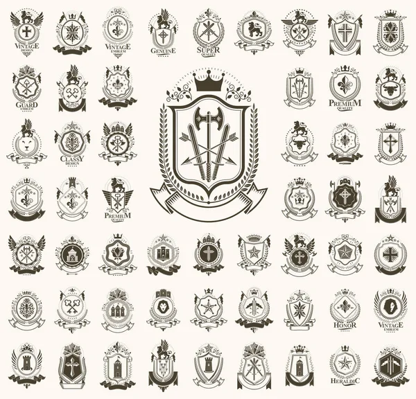 Embleme Des Klassischen Stils Großer Satz Alte Heraldische Symbole Auszeichnungen — Stockvektor