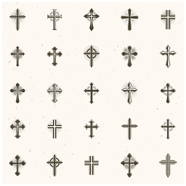 十字架的基督教宗教标志设置 纹章徽章装饰标志孤立的矢量插图合集 — 图库矢量图片