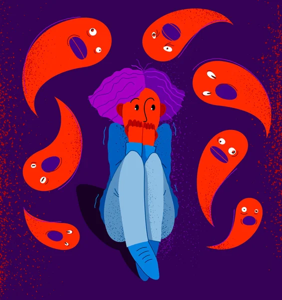 Hayaletler ve ruhlar fobisi paranormal taşıyıcı illüstrasyon, panik ataktan korkan kız etrafında hayali hayaletler uçuşuyor, psikoloji ve psikiyatri..