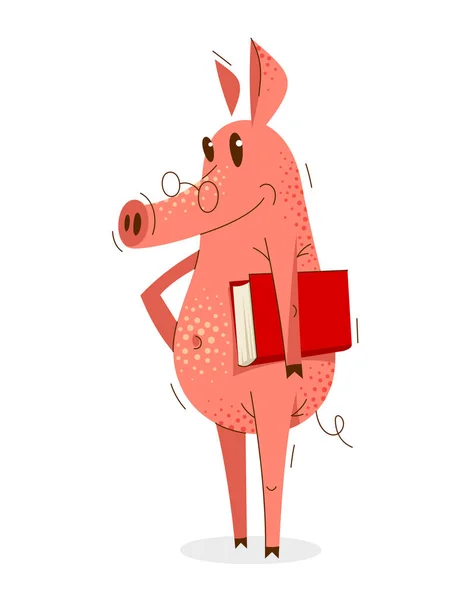 Funny Cartoon Pig Holding Book Student Professor Vector Illustration Smart — Stock Vector