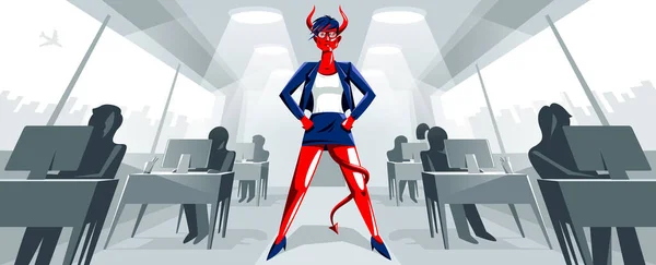 Big Boss Director Woman Horns Demon Devil Stands Center Office — Stock Vector