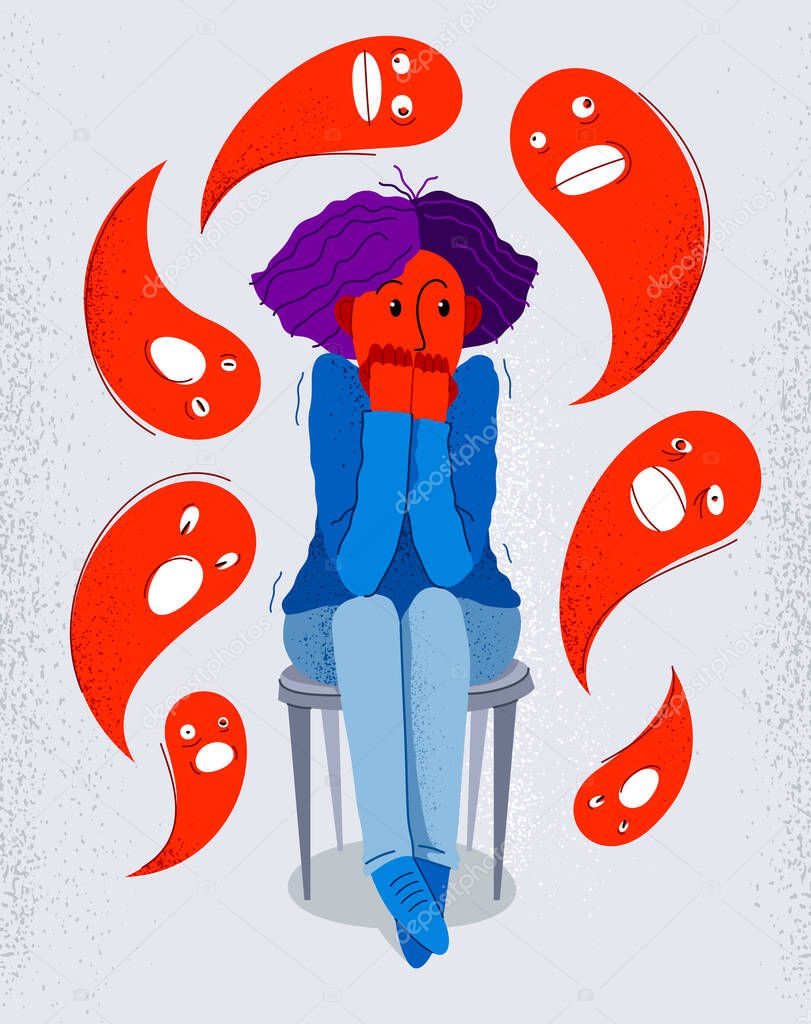 Phobia of ghosts and spirits paranormal vector illustration, girl scared in panic attack surrounded with imaginary ghosts flying around her, psychology and psychiatry.