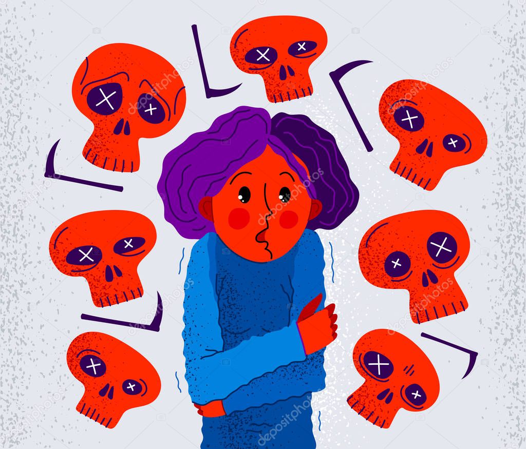 Thanatophobia fear of death vector illustration, girl surrounded with imaginary dead skulls in fear and panic attack, psychology and psychiatry.