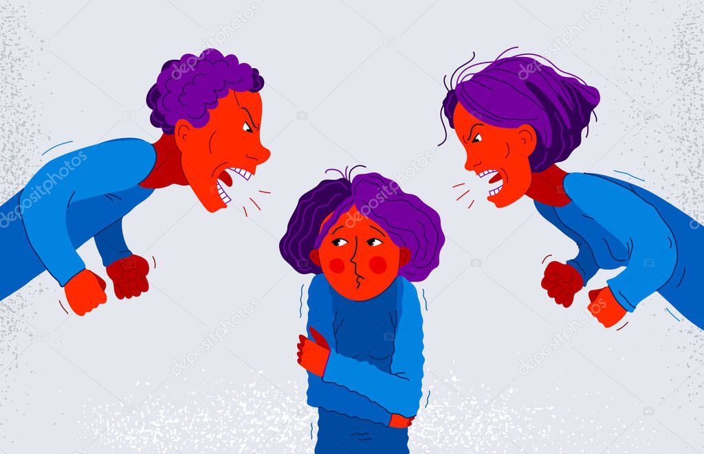 Parents abusers screams and shout on scared little girl their daughter, abusive parents domestic violence, psychological violence abuse, child victim trauma, vector cartoon.