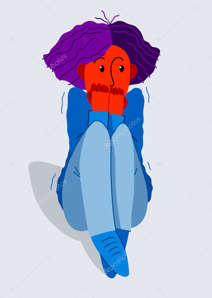 Scared young woman feeling uncomfortable vector illustration, phobia paranoia anxiety or other psychical and psychological problems concept, bad emotions.