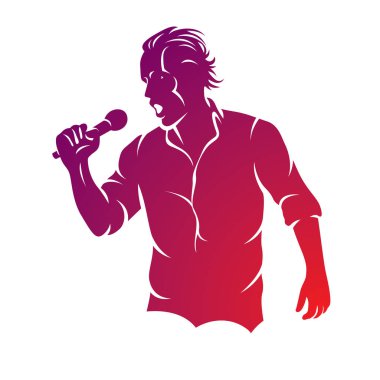 Superstar performans vektör çizim, kişi elinde mikrofon ile-şarkı canlı ya da karaoke. Emcee Haritayı kavramı.