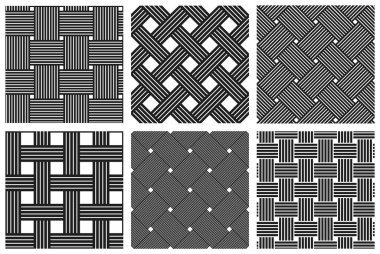 Dikensiz desenler seti, dokuma dokuması olan vektör doğrusal arkaplanlar, tekstil örgü tekrarlayan kiremit kaplama kağıtları, mükemmel sade minimal tasarımlar..
