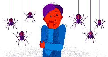 Örümceklerden korkan örümcekler vektör illüstrasyonundan korkan, panik ataktan korkan örümceklerle çevrili bir çocuk, psikoloji akıl sağlığı konsepti..