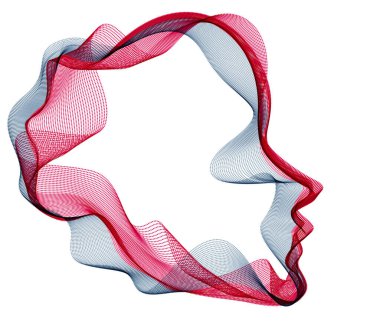 Yapay Zeka, soyut sanatsal insan kafası portresi noktalı parçacıklar dizisi, vektör yazılım dijital görsel arayüz. Dijital ruh, teknolojik zaman ruhu..