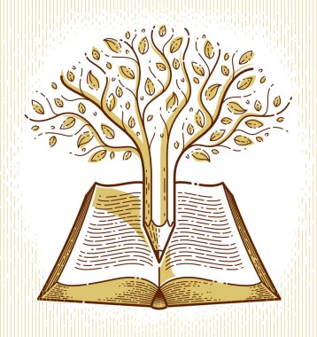 Ağaç, açık vintage kitap eğitimi veya bilim bilgisi konsepti, eğitim veya bilimsel edebiyat kütüphanesi vektör logosu veya amblemi üzerine kalemle birleştirilmiştir.. 