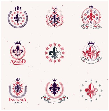 Kraliyet sembolleri, Lily Flowers amblemleri. Heraldik vektör tasarım elemanları koleksiyonu. Retro biçim etiketi, heraldry logosu.