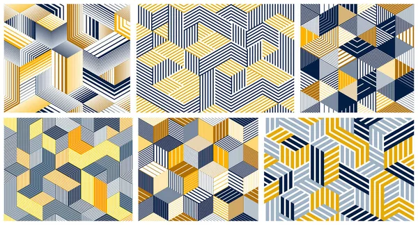 Seamless Isometric Lines Geometric Patterns Set Cubes Vector Tiling Backgrounds — Stock Vector
