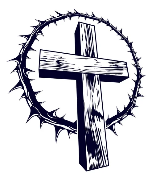 Krzyż Chrześcijański Logo Wektor Ciernia Religia Lub Tatuaż Pasja Chrystusa — Wektor stockowy