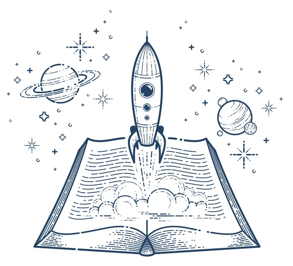 Otevřená Kniha Raketovou Vektorovou Lineární Ikonou Start Rakety Textu Vesmírná — Stockový vektor