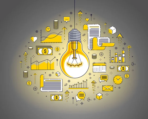 Parlak ampul ve simgeler, iş fikri yaratıcı kavram, e-ticaret alegorisi, İnternet işi, pazar yeri veya çevrimiçi dükkan, vektör illüstrasyonu.