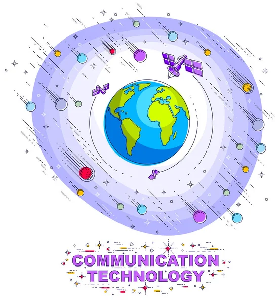 人工衛星 星やその他の要素に囲まれたスペースで惑星地球 グローバル コミュニケーション技術のテーマ 細い線 ベクトル図白で隔離 — ストックベクタ