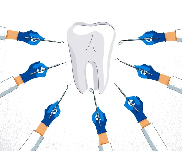 Mãos Dentista Com Ferramentas Médicas Testando Ilustração Vetor Dentário Diagnóstico —  Vetores de Stock