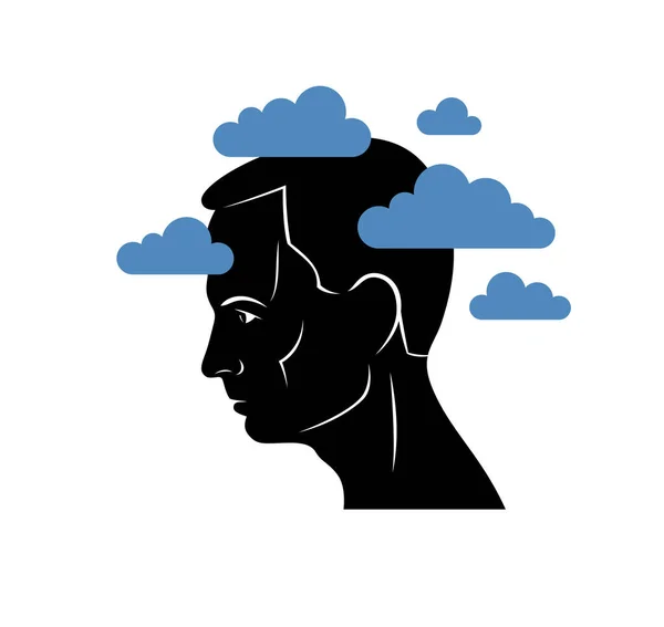 Depression mental health and high anxiety vector conceptual illustration or logo visualized by man face profile and dark clouds over his head.