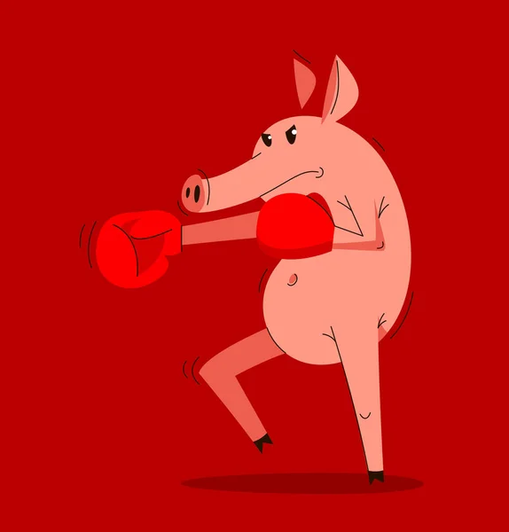 Funny Cartoon Pig Boxing Training Gloves Vector Illustration Animal Character — Stock Vector