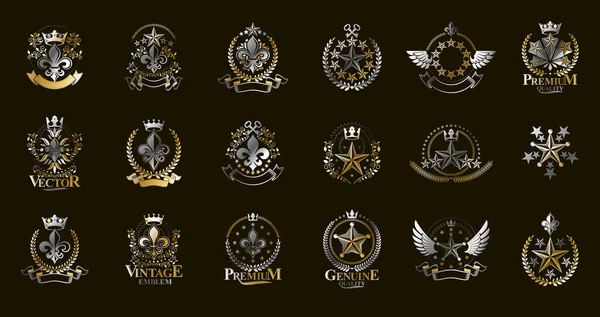 クラシックスタイルの星は 大きなセット 古代の紋章記号賞やラベルコレクション 古典的な紋章のデザイン要素 家族やビジネスのエンブレムを象徴しています — ストックベクタ