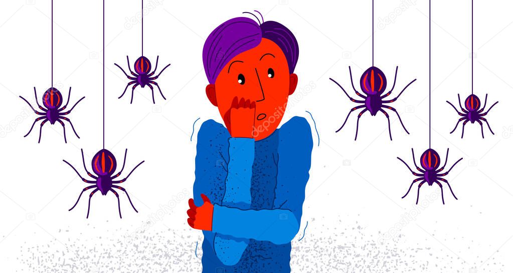 Arachnophobia fear of spiders vector illustration, boy surrounded by spiders scared in panic attack, psychology mental health concept.