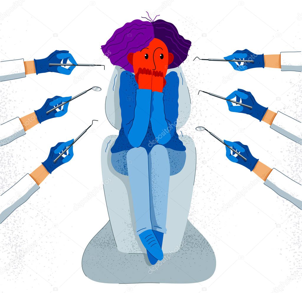 Dentophobia fear of dentist doctor and painful teeth fixing vector illustration, girl surrounded with dentist hands in gloves with dental tools scared in panic attack.