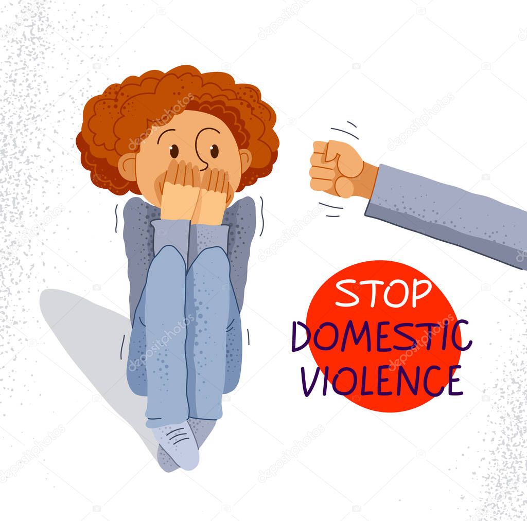 Domestic violence concept vector, clenched fist threats little kid scared boy, psychological abuse, bad parent son victim, despotic parents, abusive relations.