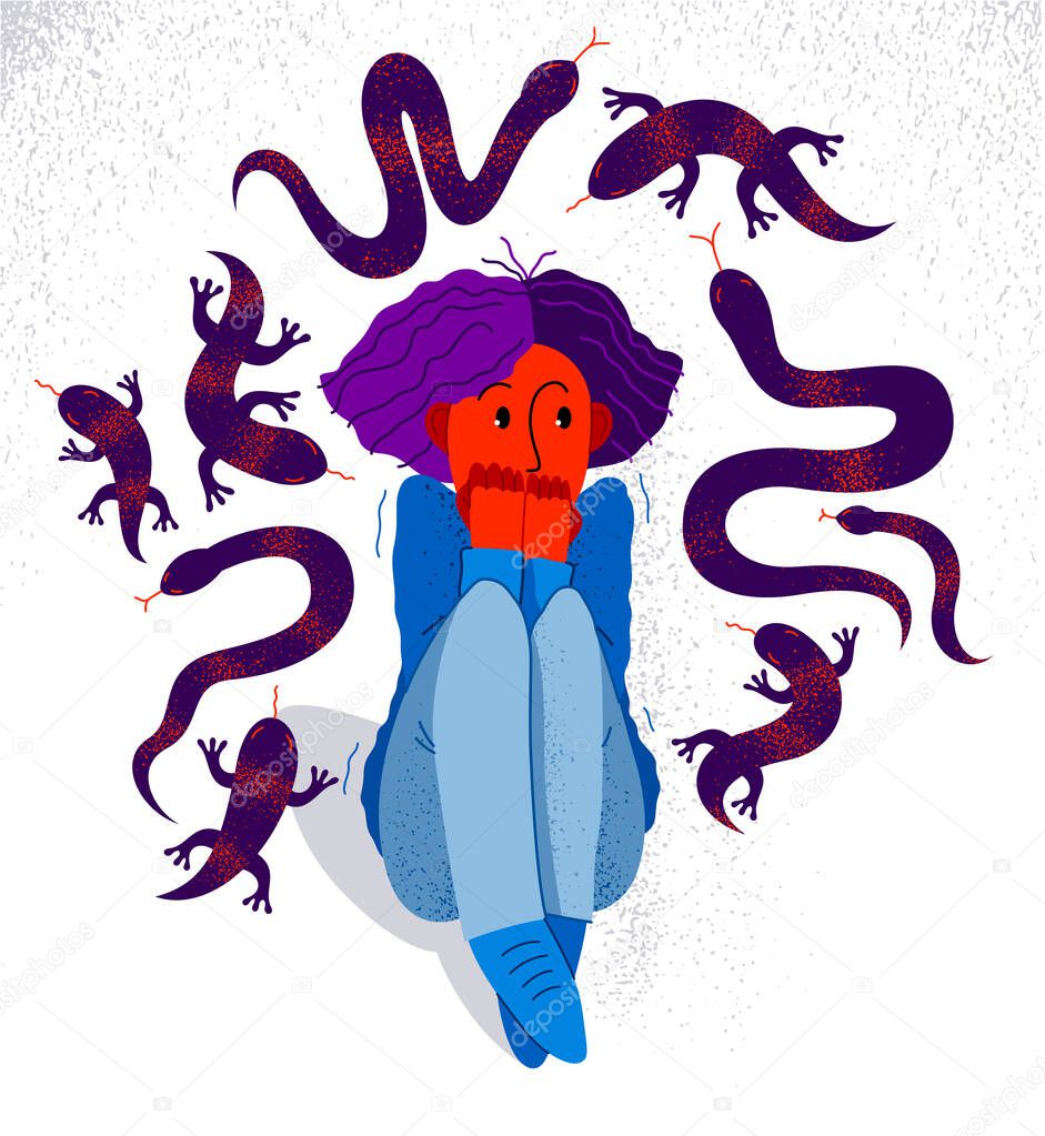 Herpetophobia fear of reptiles snakes and lizards vector illustration, girl surrounded by imaginary reptiles in panic attack and fear, mental health concept.
