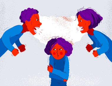 Ebeveynler arasındaki kavga çocuğa acı çektirir, küçük korkmuş kız çocuğu, anne ve babasının agresif tartışmaları, vektör illüstrasyonları, aile içi şiddet ve istismar yüzünden mağdur olur..