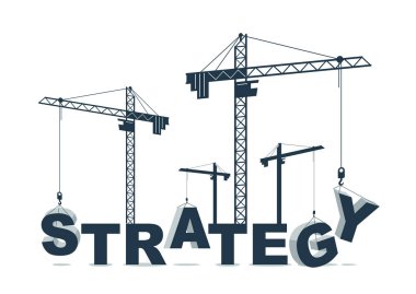 İnşaat vinçleri strateji kelime vektör konsepti tasarımı, gelişim sürecinde alegorili kavramsal illüstrasyon, iş planının şık metaforu oluşturur..