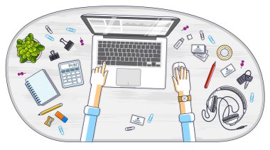 Bir dizüstü bilgisayarda çalışan ofis çalışanı ya da girişimci, insan eli ve çeşitli kırtasiye eşyalarıyla çalışma masasının üst görüntüsü. Tüm elementleri ayrı ayrı kullanmak kolaydır. Vektör illüstrasyonu.