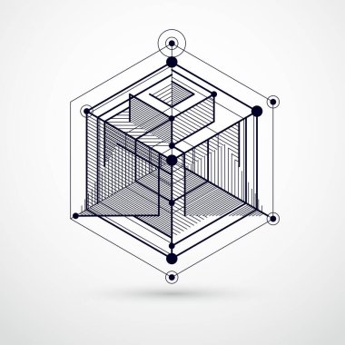 Mühendislik teknolojisi üç boyutlu küp ve çizgilerden yapılmış siyah beyaz duvar kağıdı vektörü. Bal peteklerinden yapılmış mühendislik teknolojisi duvar kağıdı. Soyut teknik arkaplan.