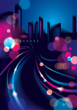 Soyut kentsel gece ışık bokeh, ufuk arka plan. Etkisi vektör güzel arka plan. Cityscape, binalar siluetleri manzarası ile renkli koyu arka plan bulanıklık.