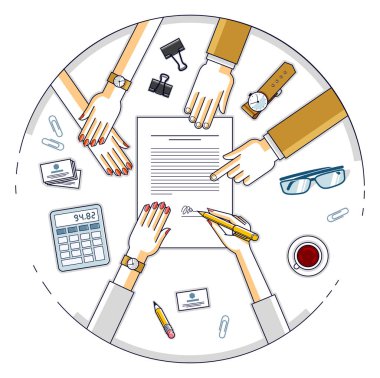 İşadamı sözleşmeli kağıt belgesini imzalar veya banka müşterisi finansal kredi formuna bir işaret yazar ve çalışanlar ona yardım eder ve kredi şartlarını, insanların ellerinin üst görünümünü açıklar. Vektör.