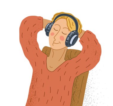 Genç adam kulaklıkla müzik dinliyor vektör illüstrasyonu beyaza izole edilmiş, çocuk müzik dinliyor ve eğleniyor..