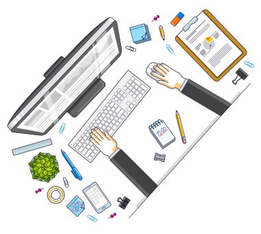 Ofis çalışanı ya da girişimci masası çalışma yeri elleri, bilgisayarı ve çeşitli kırtasiyeleri olan iş yeri, üst görünüm. Tüm elementleri ayrı ayrı kullanmak kolaydır. Vektör illüstrasyonu.