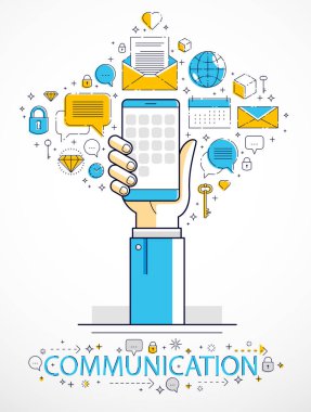 Internet iletişim ve etkinlik, eller, telefonları tutarak ve uygulamaları kullanarak küresel ağ, modern iletişim, messenger, online ödeme ve alışveriş, vektör tasarım adam.