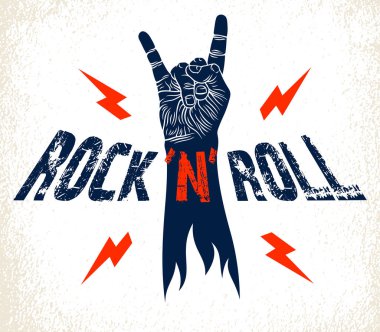 Yıldırımlı rock el işareti, sıcak müzik Rock and Roll jesti, Hard Rock festivali konseri veya kulübü, vektör etiketi amblemi veya logosu, müzik aletleri dükkanı veya kayıt stüdyosu.