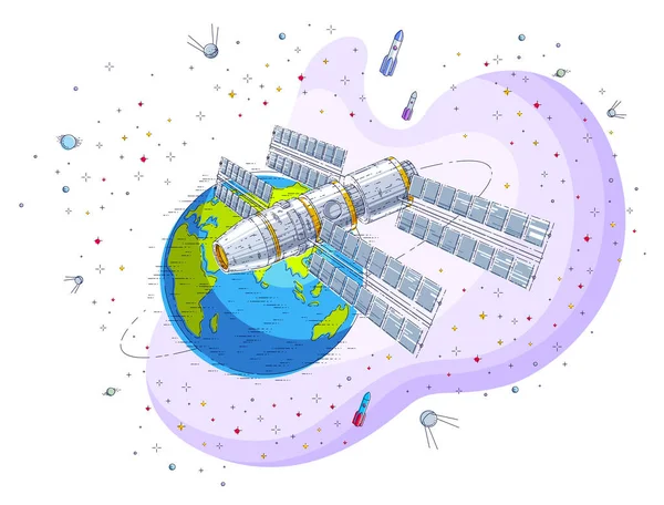 Космічна Станція Літає Орбітальним Космічним Польотом Навколо Землі Космічний Корабель — стоковий вектор