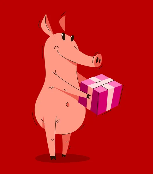 Funny Cartoon Pig Holding Gift Box Vector Illustration Adorable Happy — Stock Vector