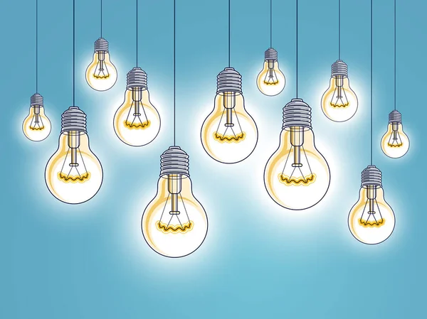 Ampuller parlıyor güzel vektör gerçekçi illüstrasyon. Fikirler, yaratıcı ilham, yaratıcılık. Mükemmel arkaplan veya duvar kağıdı.