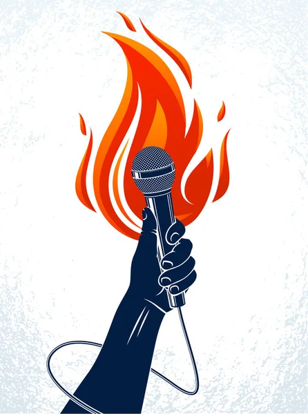 Mic Microke Microphone Vecteur Logo Rap Battle Hand Karaoke Flame — Image vectorielle