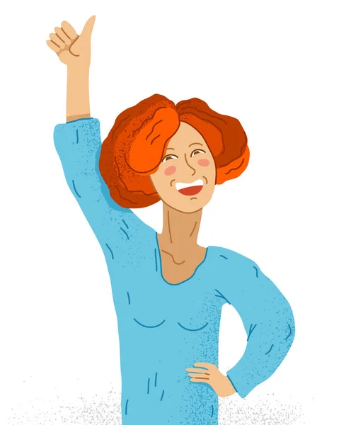 Ung Bedårande Lycklig Kvinna Visar Tummen Upp Finger Vektor Illustration — Stock vektor