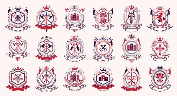 Emblèmes Style Classique Grand Ensemble Anciens Symboles Héraldiques Prix Collections — Image vectorielle