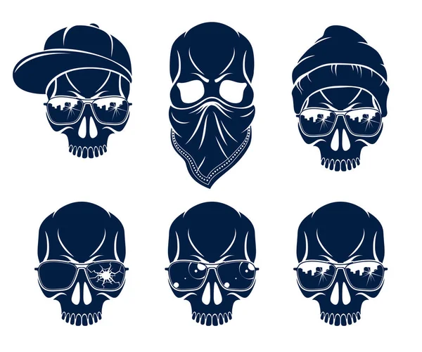 Gangster骷髅矢量标志集 图标或纹身 都市时尚的侵略性犯罪雕塑 — 图库矢量图片